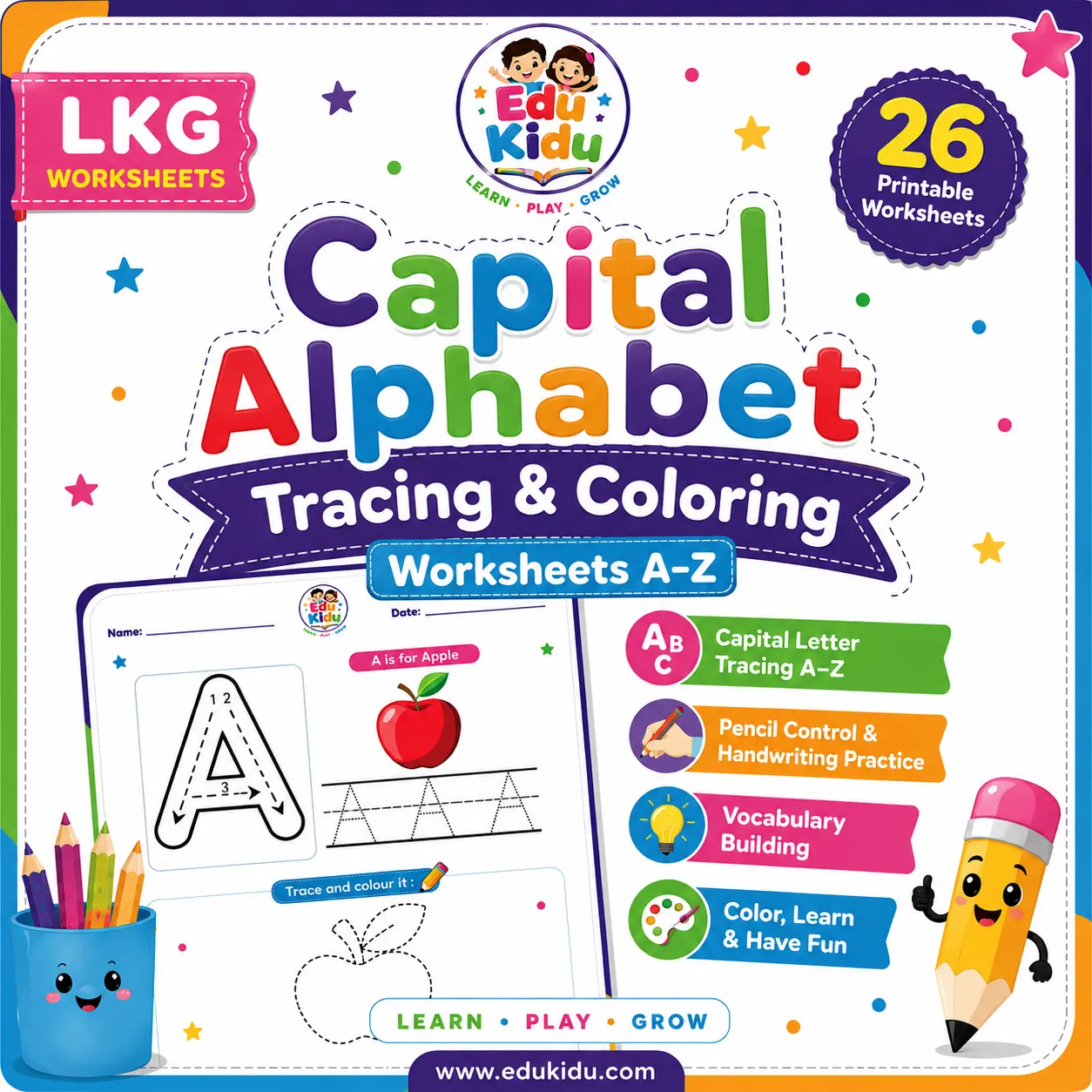 capital alphabet tracing & coloring worksheets a–z (lkg)