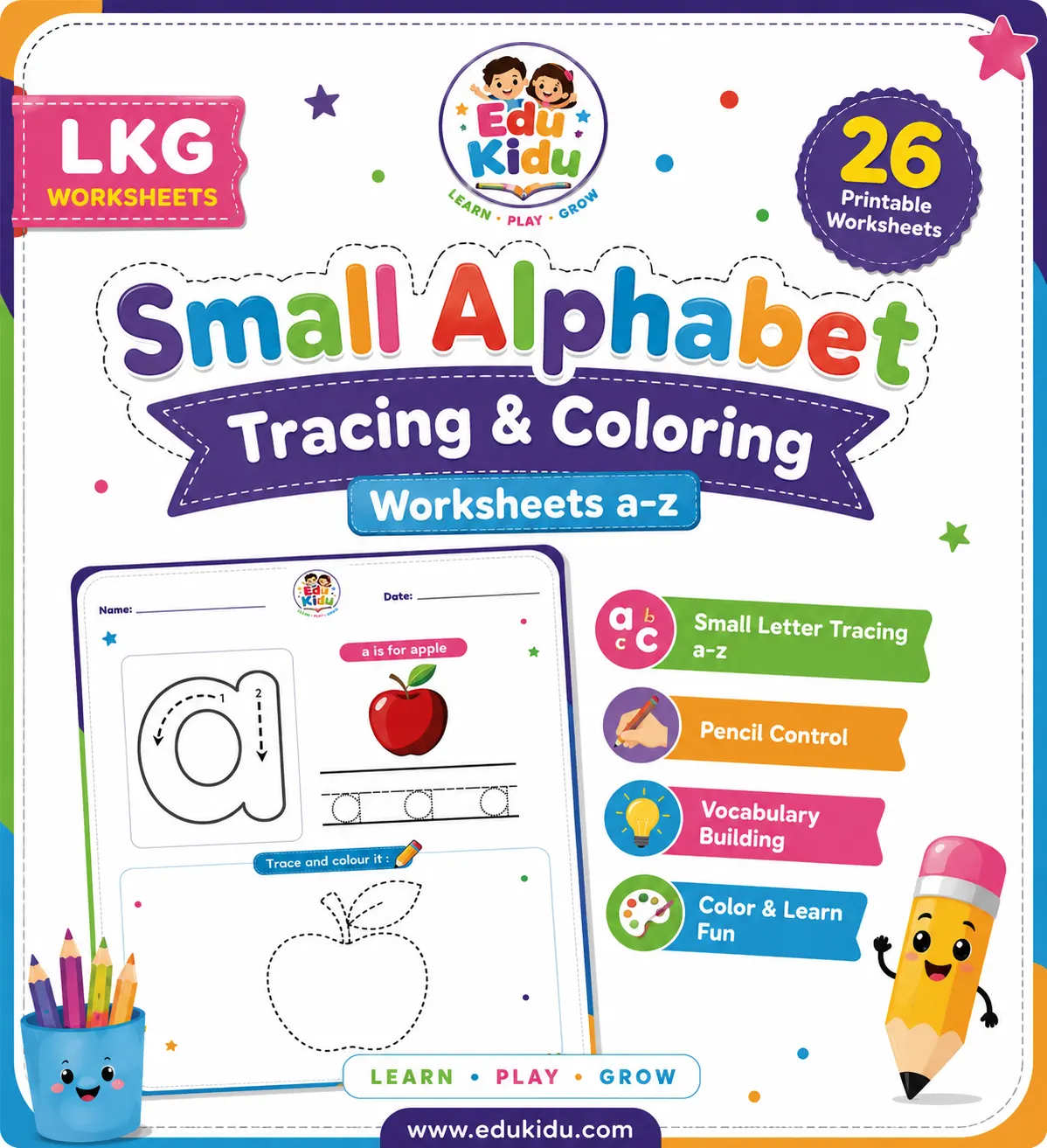 small alphabet tracing & coloring worksheets a–z (lkg)